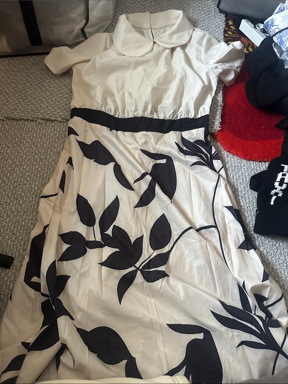 Cream and Black Floral Fit-and-Flare Dress